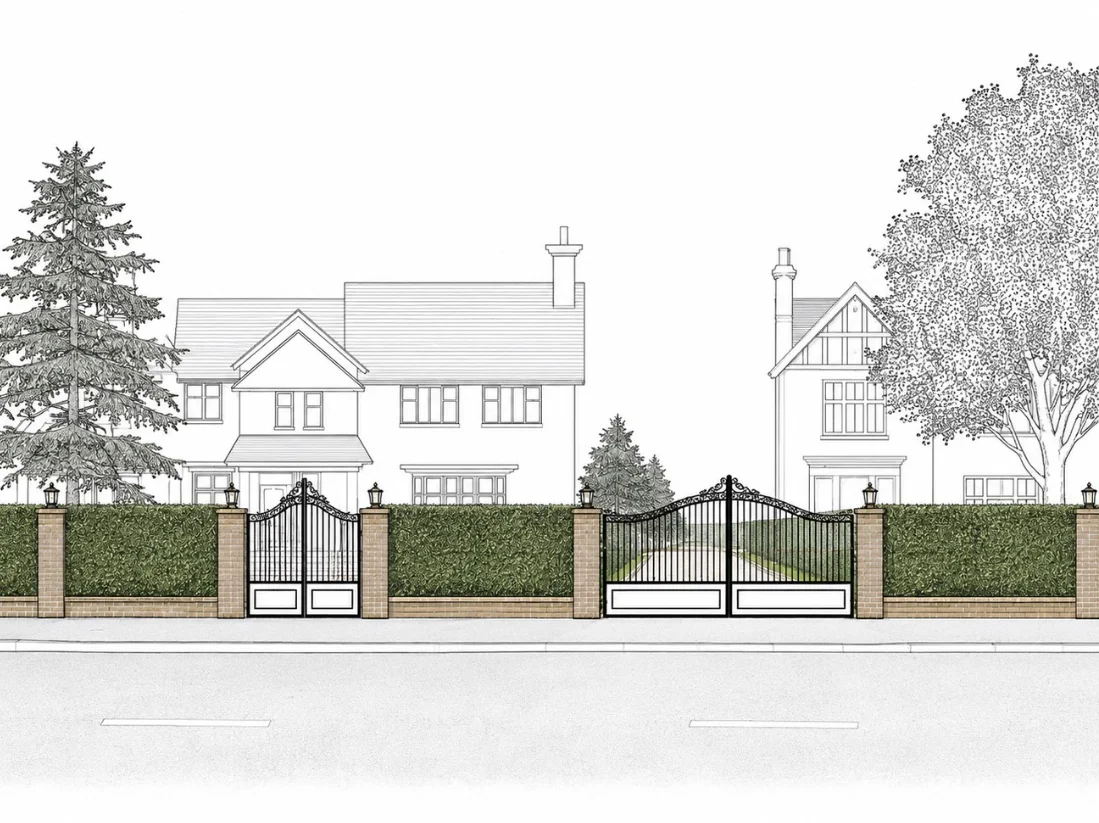 Proposed entrance elevation on Humberston Avenue: brick piers with lamps, hedging and wrought iron gates.