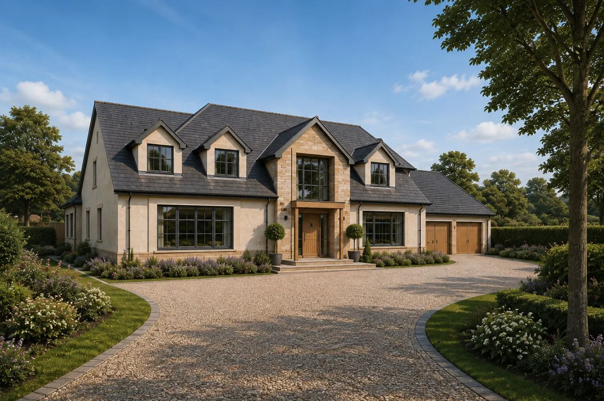 Indicative house design: a stone and render dormer home with slate roof, central gabled entrance and attached double garage on a block-paved drive.