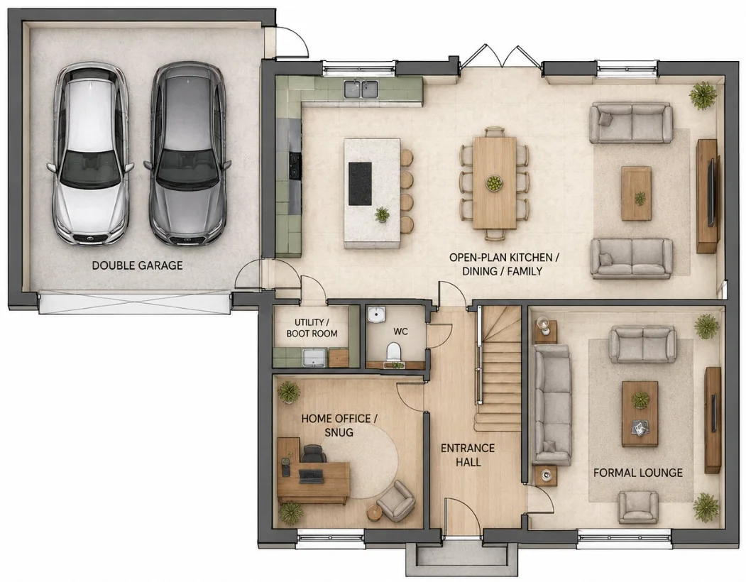 Indicative ground floor plan: integral double garage, open-plan kitchen dining and family room, formal lounge, home office or snug, utility and boot room, cloakroom and entrance hall.
