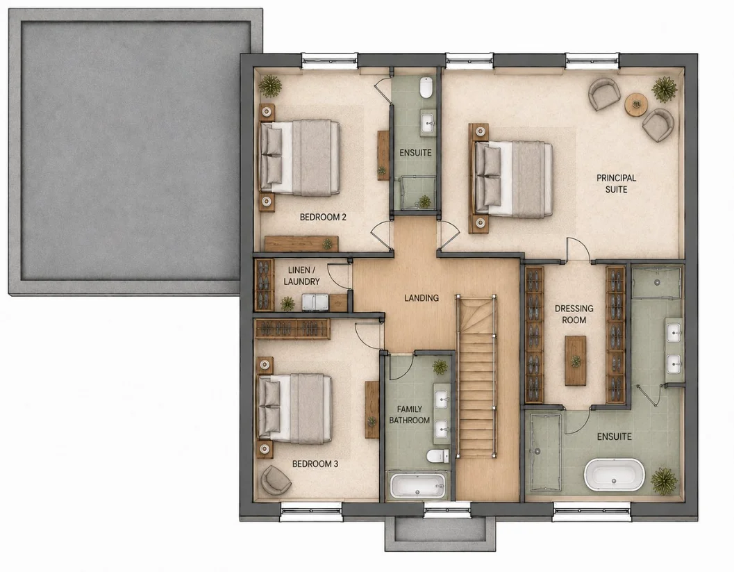 Indicative first floor plan: principal suite with dressing room and ensuite, bedroom two with ensuite, bedroom three, family bathroom, linen and laundry cupboard, and landing.