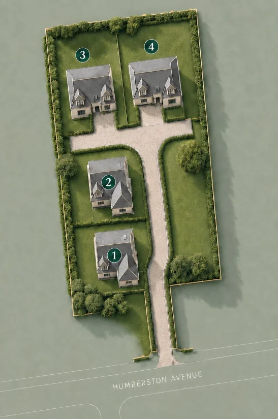 Illustrative site plan: four numbered plots either side of a private drive running north from Humberston Avenue, screened by mature trees.