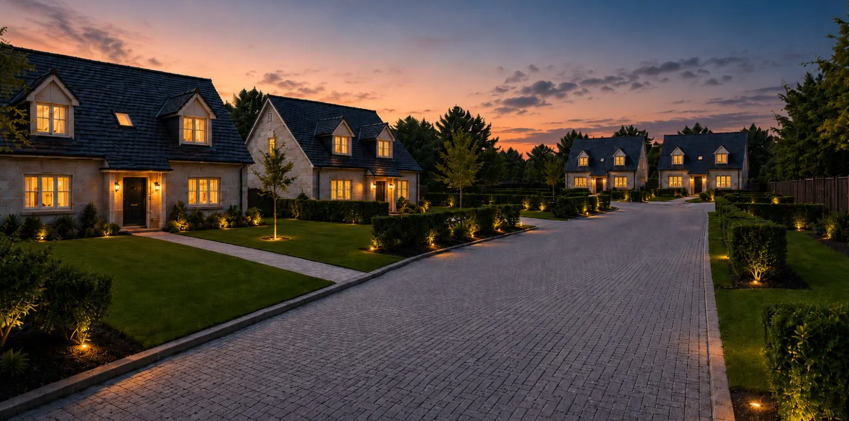 Twilight view along the private drive: four stone dormer houses with lit windows, clipped hedging, uplit planting and block paving.